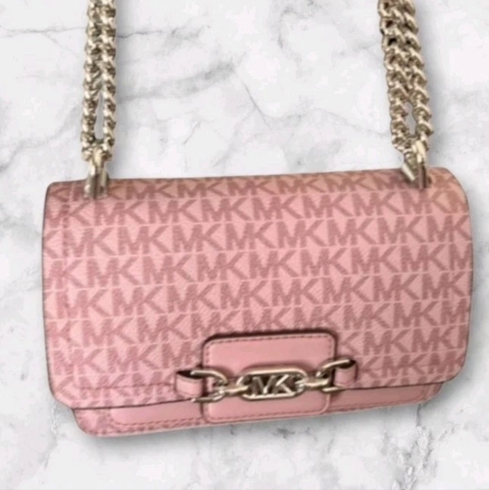 Michael Kors Heather Signature Logo ADJ Crossbody Canvas Rose-Pink Silver, NWOT
